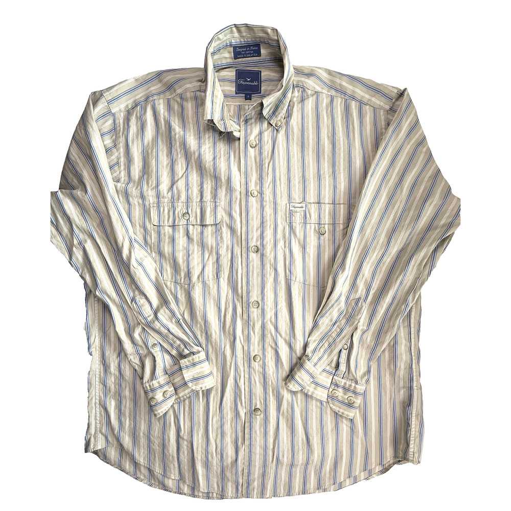 Faconnable men shirt small tan blue stripe Designer classic Y2K Preppy